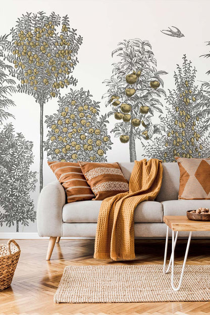 Gold wall mural featuring an orchard of lemon trees; nature-inspired wall decor.