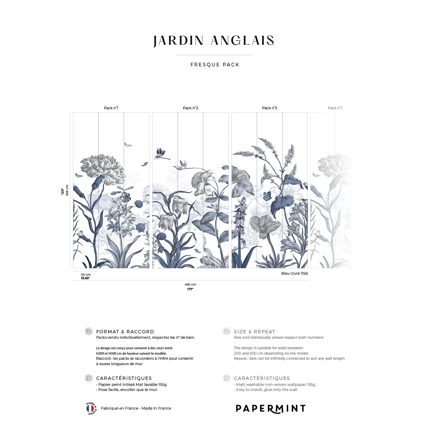 Veer Decor English Garden Pack 1, 2 & 3 in Blue Wall Mural Botanical & Floral Mural Blue  Mural - 8184-BDL-BK2