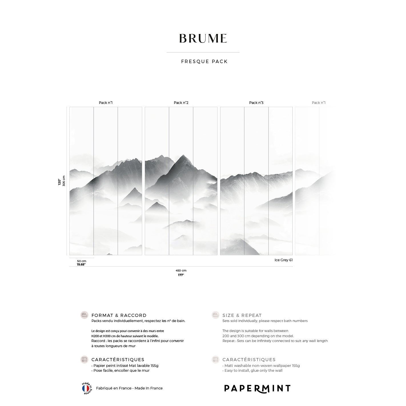 Gray wall mural featuring a grayscale mountain landscape split into vertical panels.