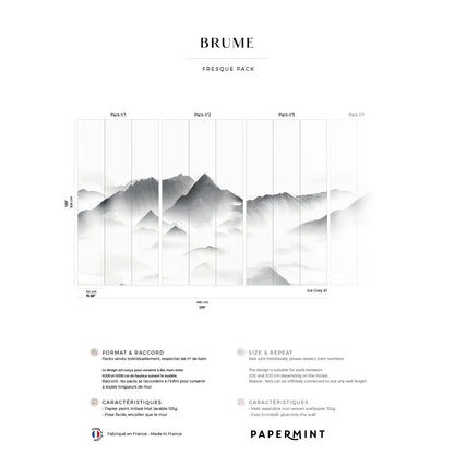 Gray wall mural featuring a grayscale mountain landscape split into vertical panels.