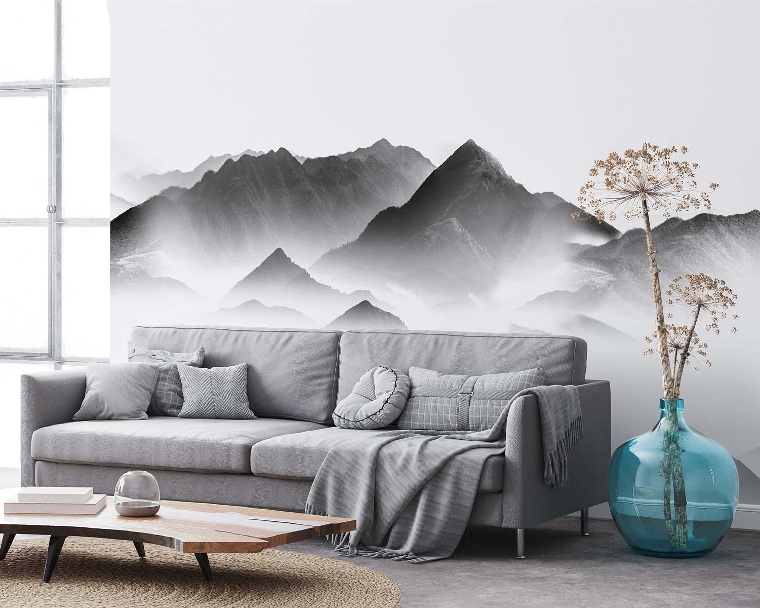 Gray wall mural featuring a grayscale mountain landscape.