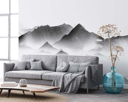 Gray wall mural featuring a grayscale mountain landscape.