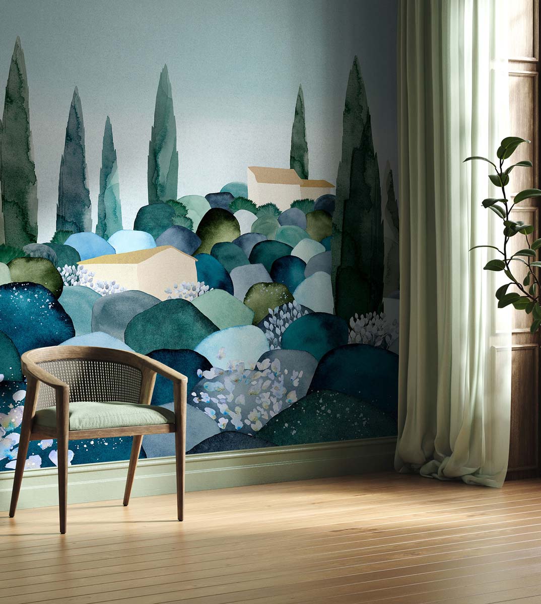 Veer Decor Cypresses Pack 1 & 2 in Blue Wall Mural Nature Mural Blue  Mural - 8184-BDL-BQ