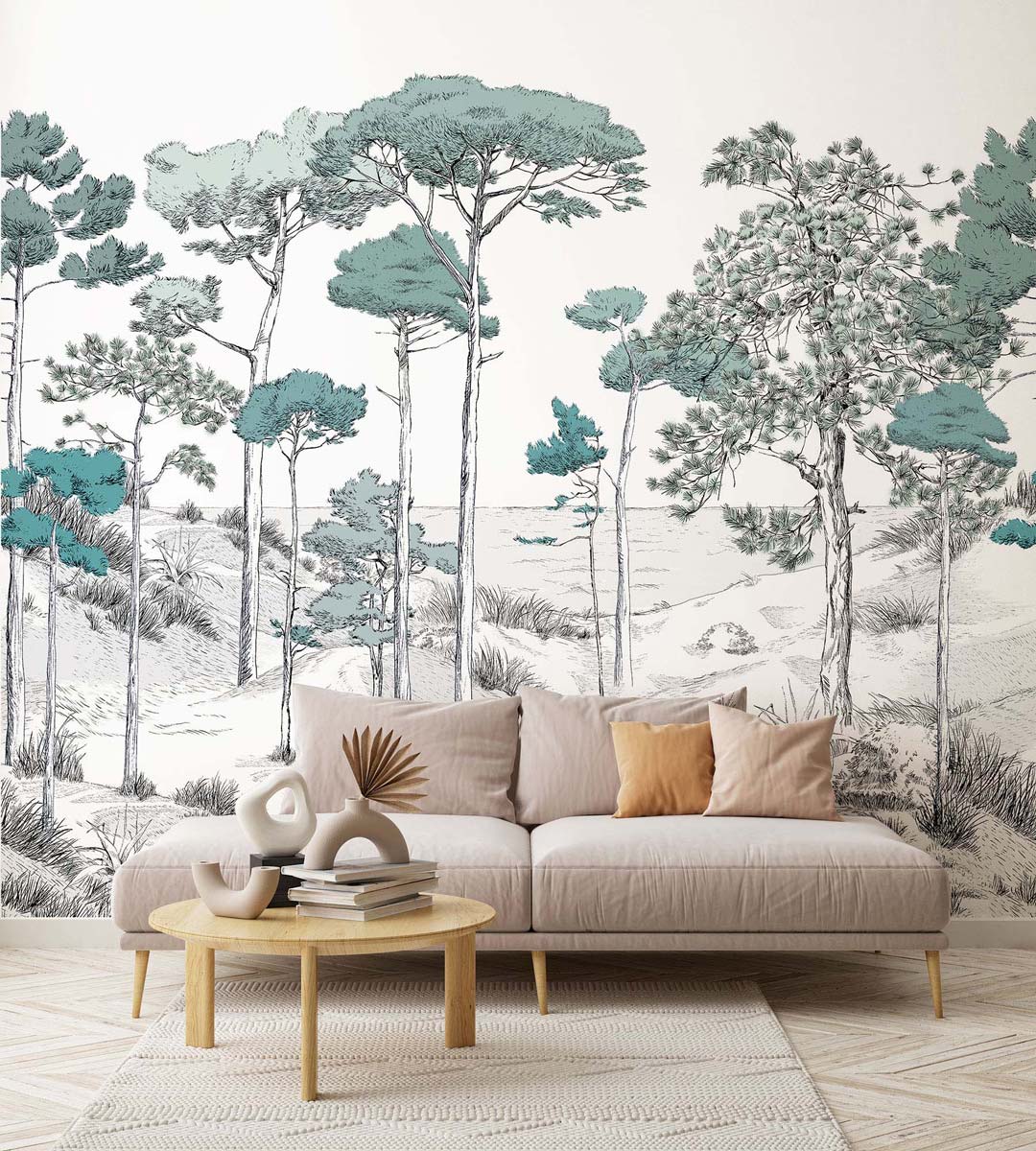 Veer Decor Pines Pack 1 & 2 in Green Wall Mural Landscape Mural Green  Mural - 8184-BDL-BT2