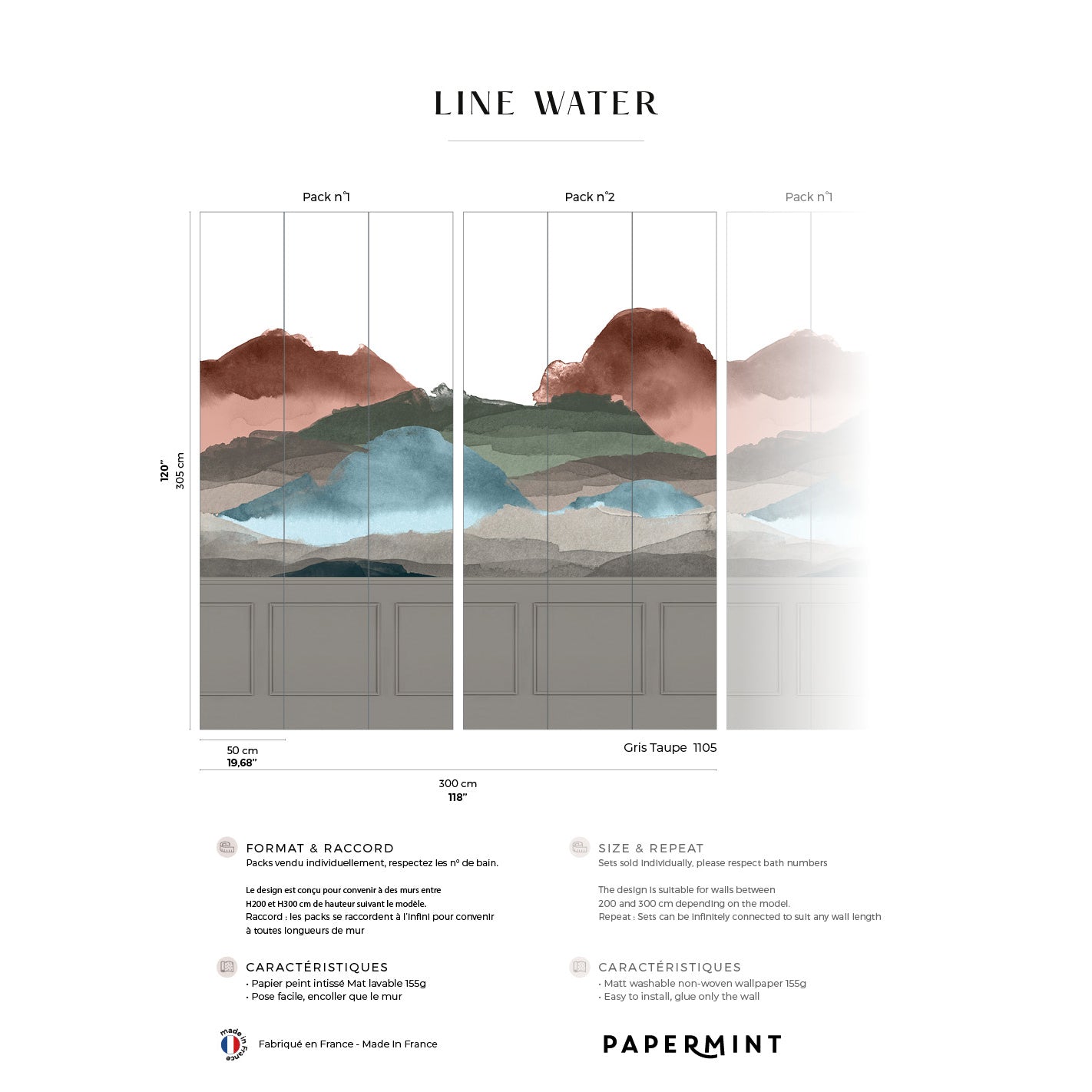Veer Decor Line Water Chair Rail - with Faux Wainscoting Pack 1 & 2 in Taupe Wall Mural Abstract Mural Taupe  Mural - 8184-BDL-BW2
