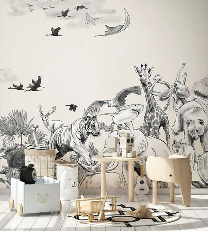 Veer Decor Noah Pack 1, 2 & 3 in Gray  Wall Mural Animals Mural Gray   Mural - 8184-BDL-CI