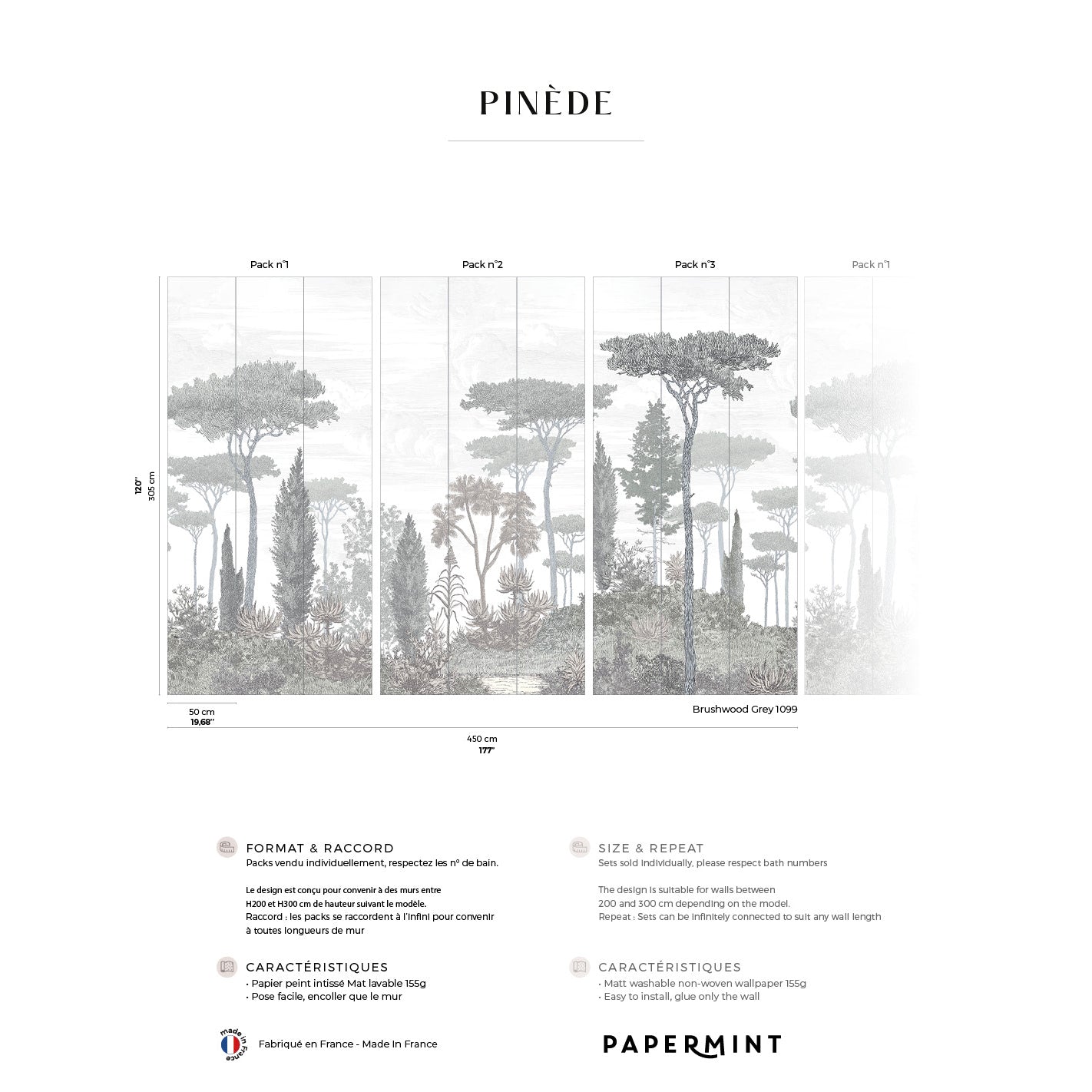 Pinède four-panel grayscale forest wallpaper with tall pines; botanical wall art by Papermint.