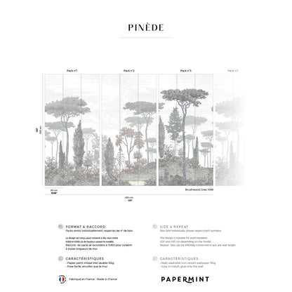 Pinède four-panel grayscale forest wallpaper with tall pines; botanical wall art by Papermint.