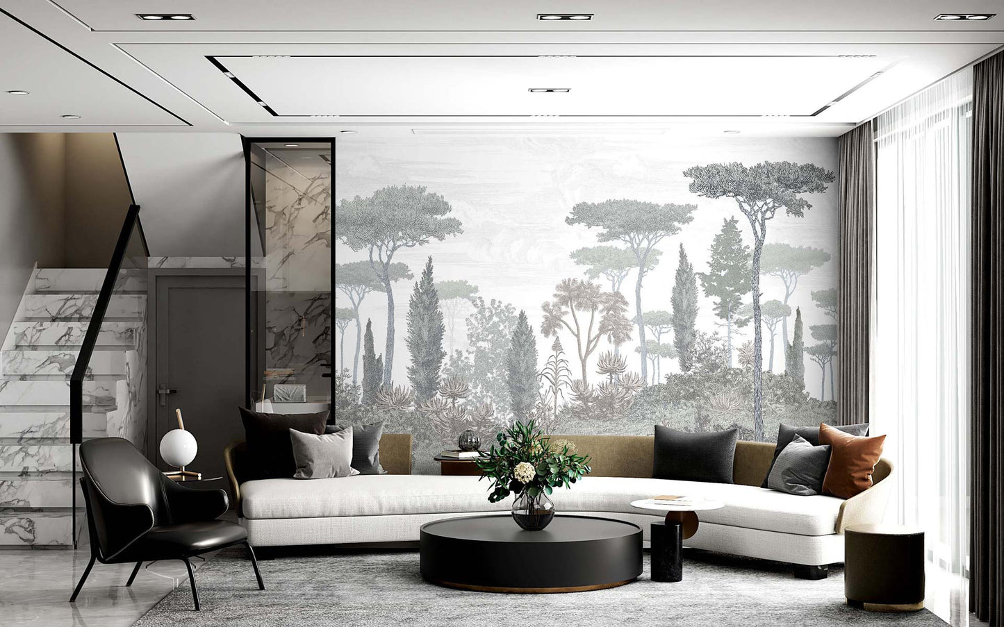 Modern living room with white sectional, round black coffee table, black accent chairs, and a grayscale forest mural.