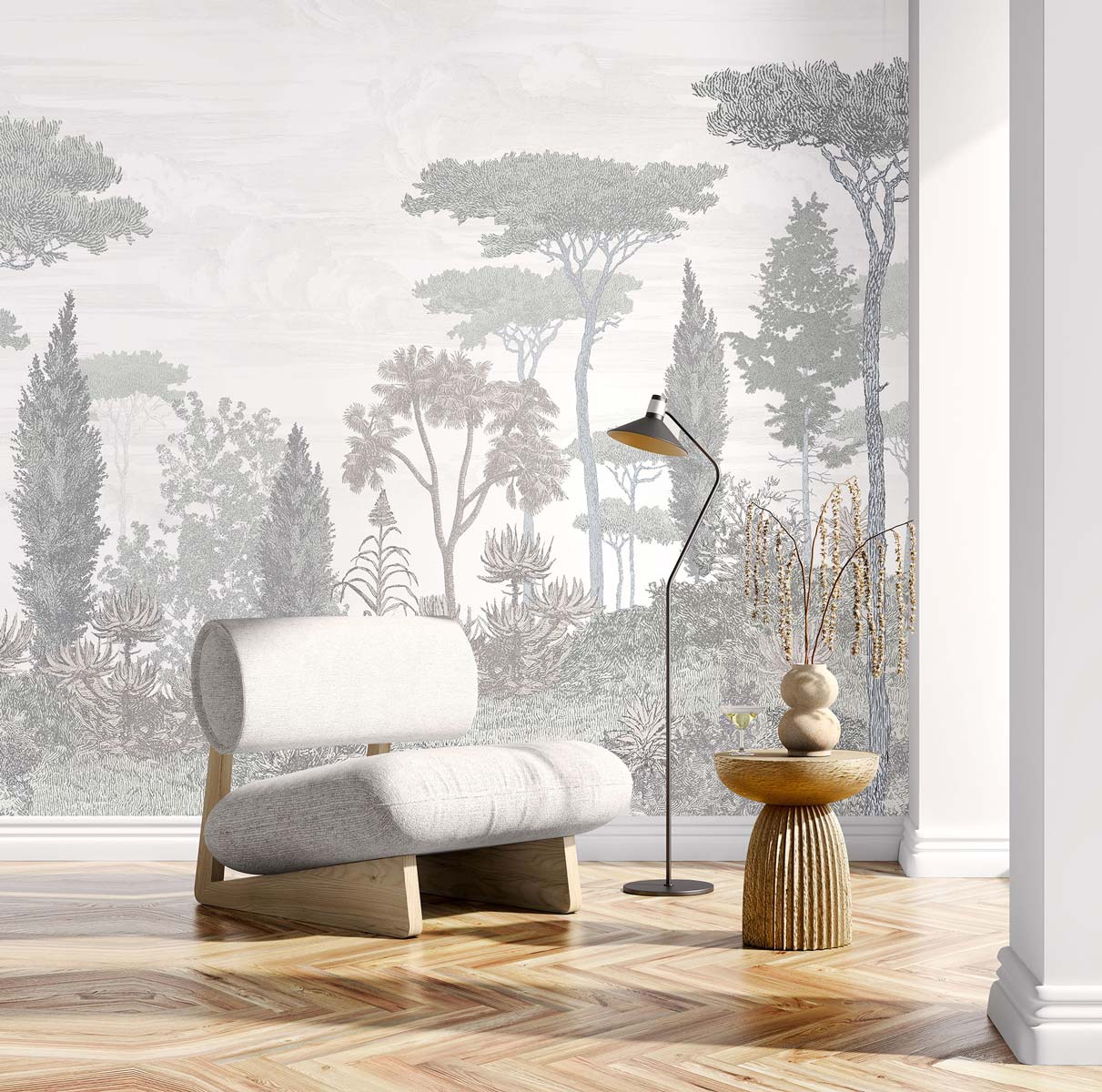 Minimalist living room with a gray wall mural, white lounge chair, black-gold floor lamp, wooden side table, and dried grasses.