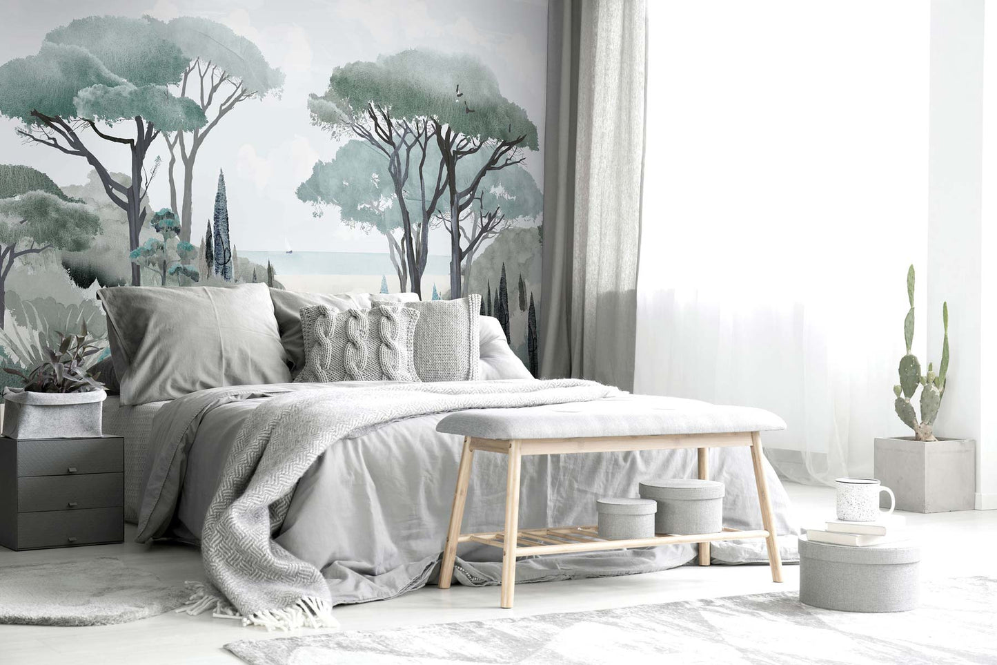 Blue nature wall mural featuring woodland trees.