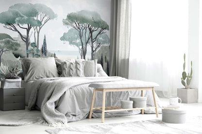Blue nature wall mural featuring woodland trees.