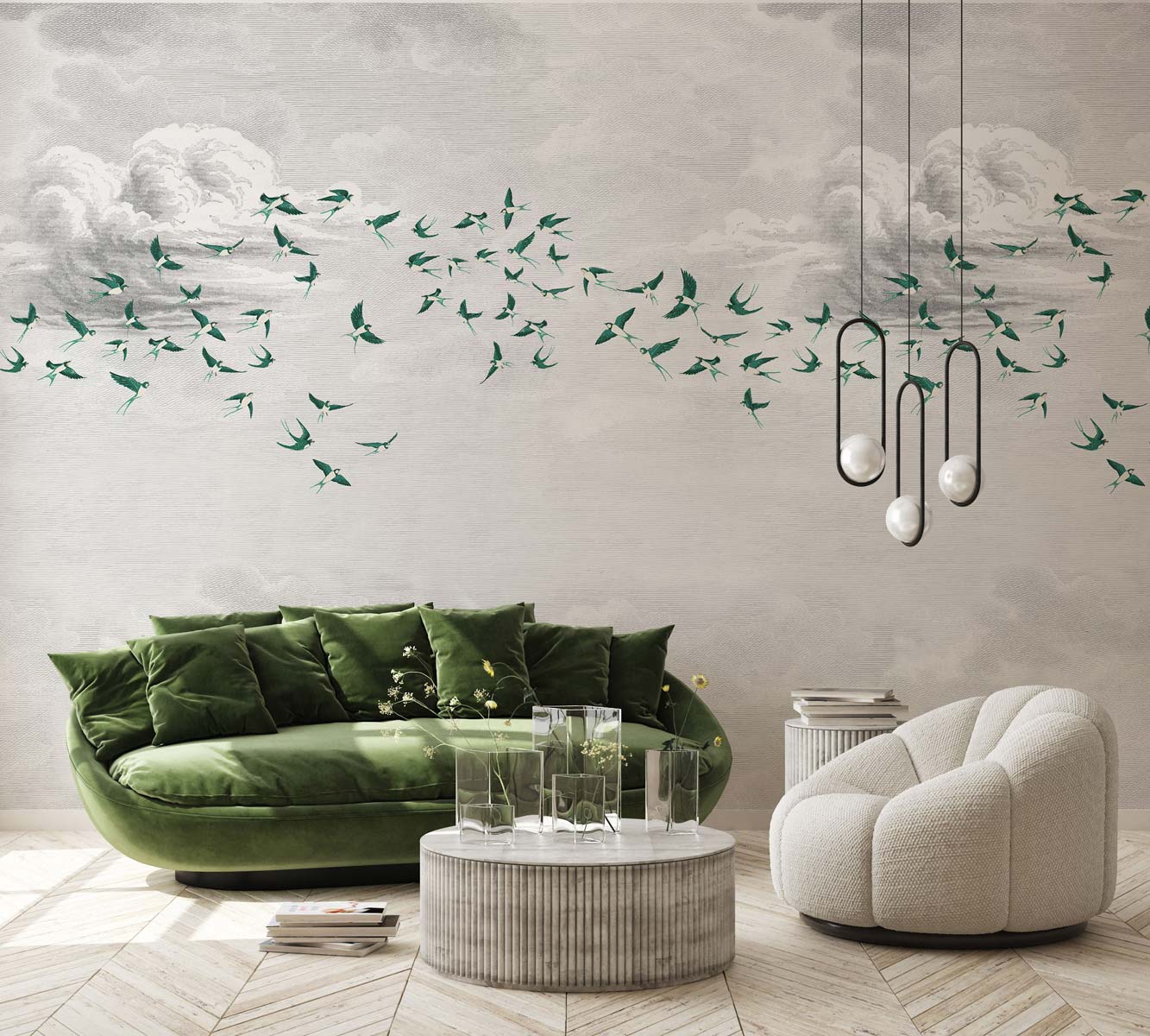 Veer Decor Swallow Clouds Pack 1 & 2 in Green Wall Mural Animals Mural Green  Mural - 8184-BDL-CZ3