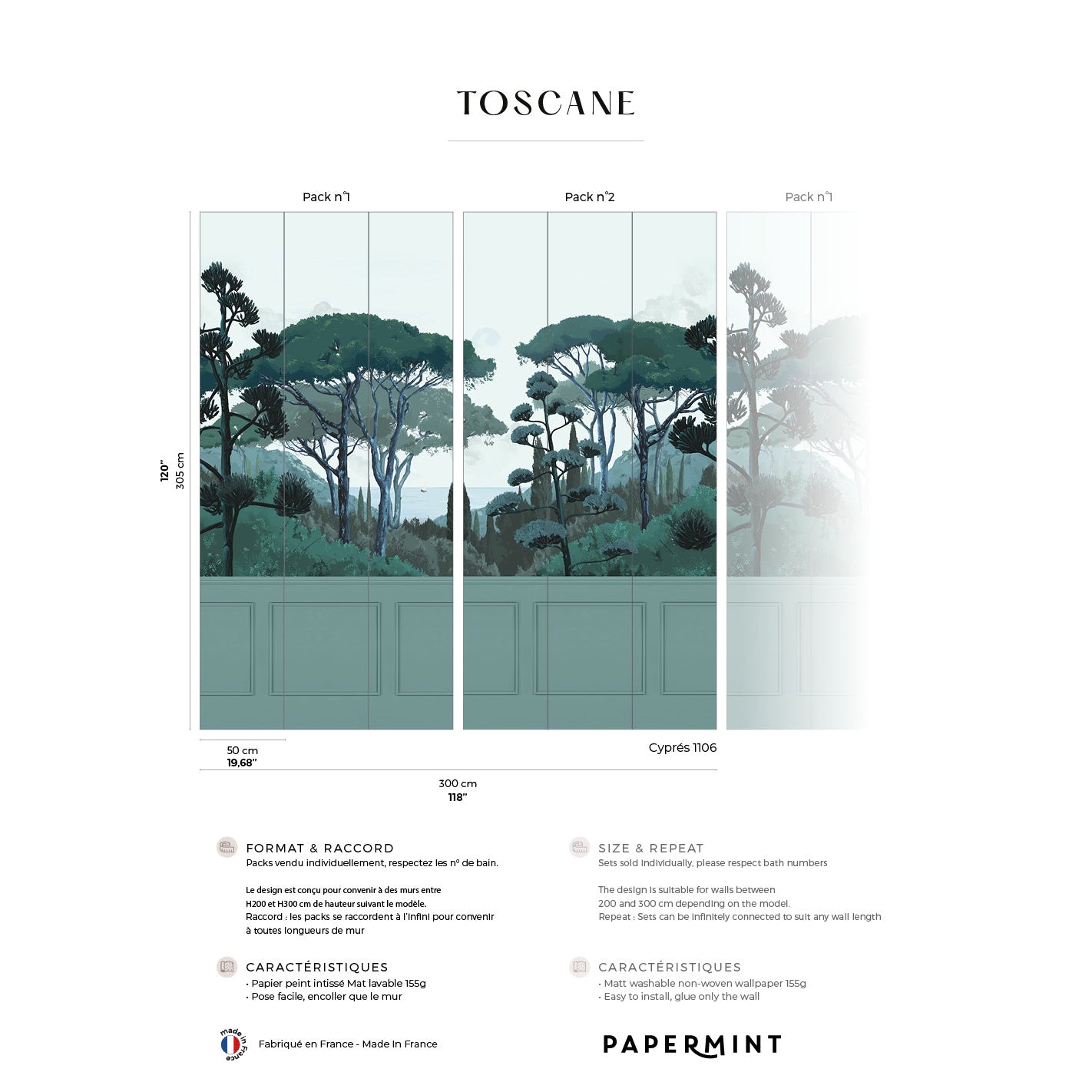 Veer Decor Tuscany Chair Rail with Faux Wainscoting Pack 1 & 2 in Green Wall Mural Coastal Mural Green  Mural - 8184-BDL-DB1