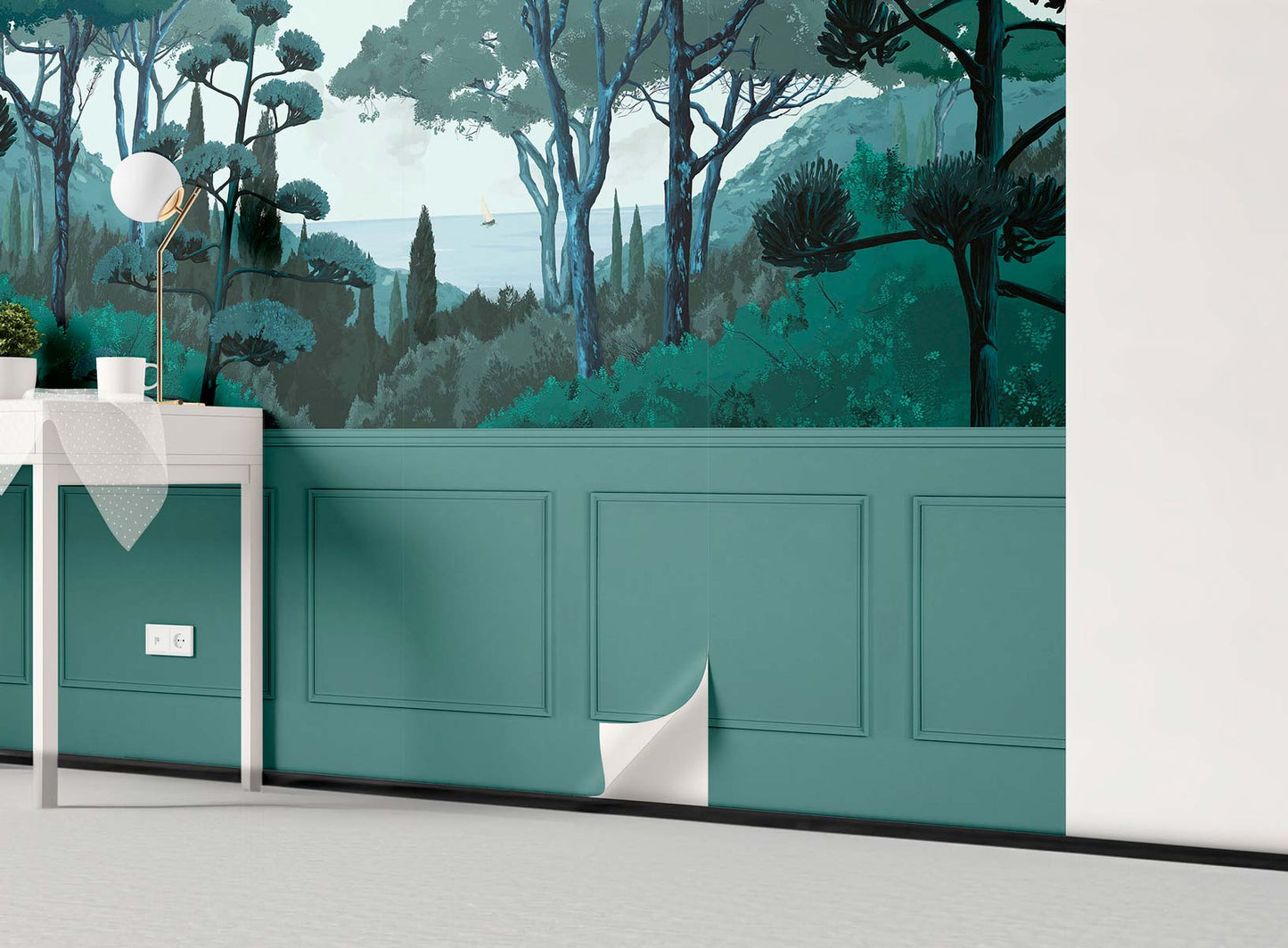 Veer Decor Tuscany Chair Rail with Faux Wainscoting Pack 1 & 2 in Green Wall Mural Coastal Mural Green  Mural - 8184-BDL-DB1