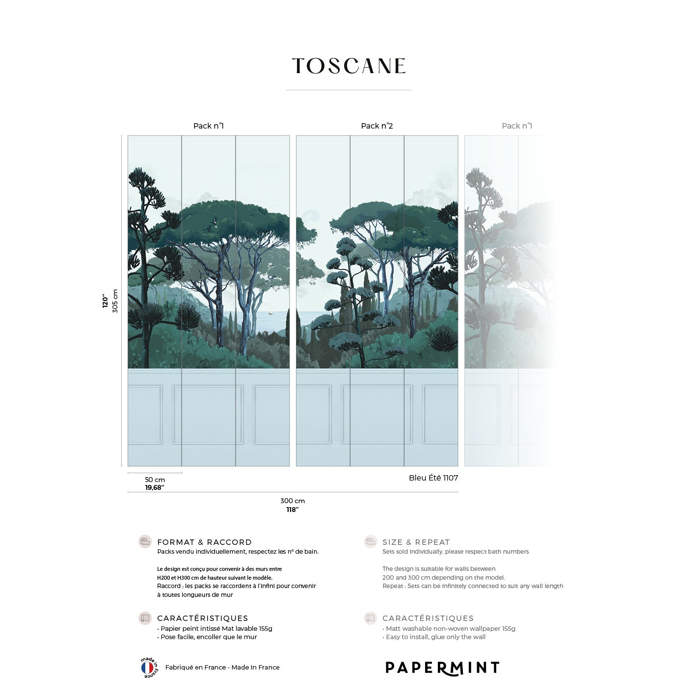 Veer Decor Tuscany Chair Rail with Faux Wainscoting Pack 1 & 2 in Blue Wall Mural Coastal Mural Blue  Mural - 8184-BDL-DB2