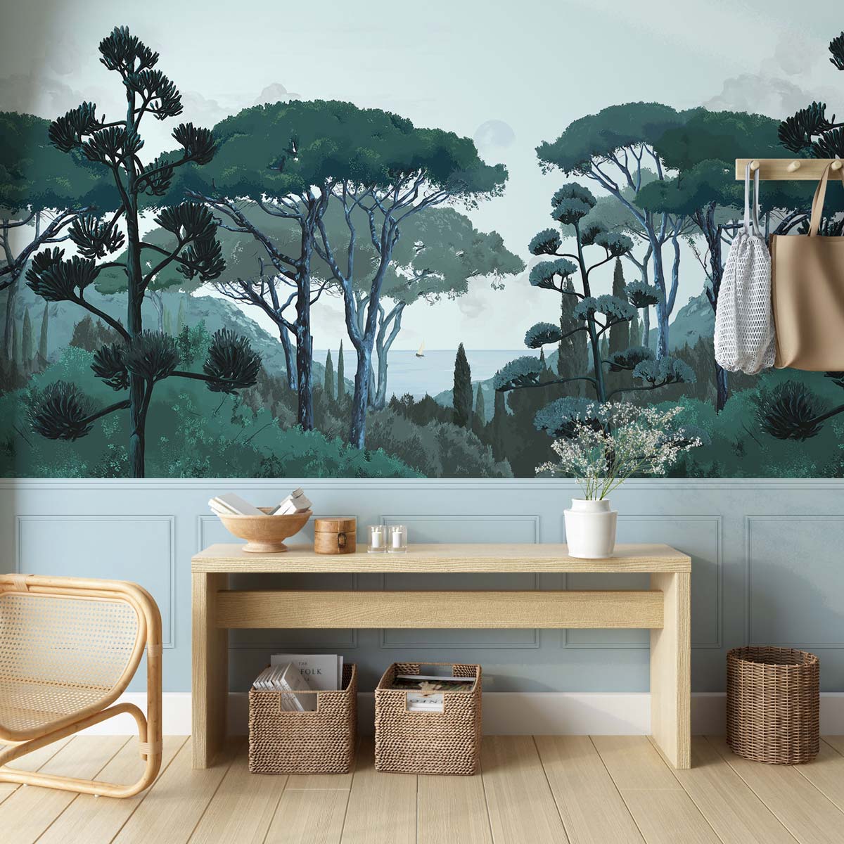 Veer Decor Tuscany Chair Rail with Faux Wainscoting Pack 1 & 2 in Blue Wall Mural Coastal Mural Blue  Mural - 8184-BDL-DB2