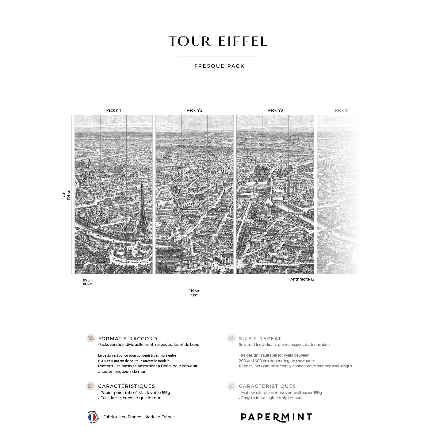 Veer Decor Eiffel Tower Pack 1, 2 & 3 in Gray Wall Mural Travel Mural Gray  Mural - 8184-BDL-DF