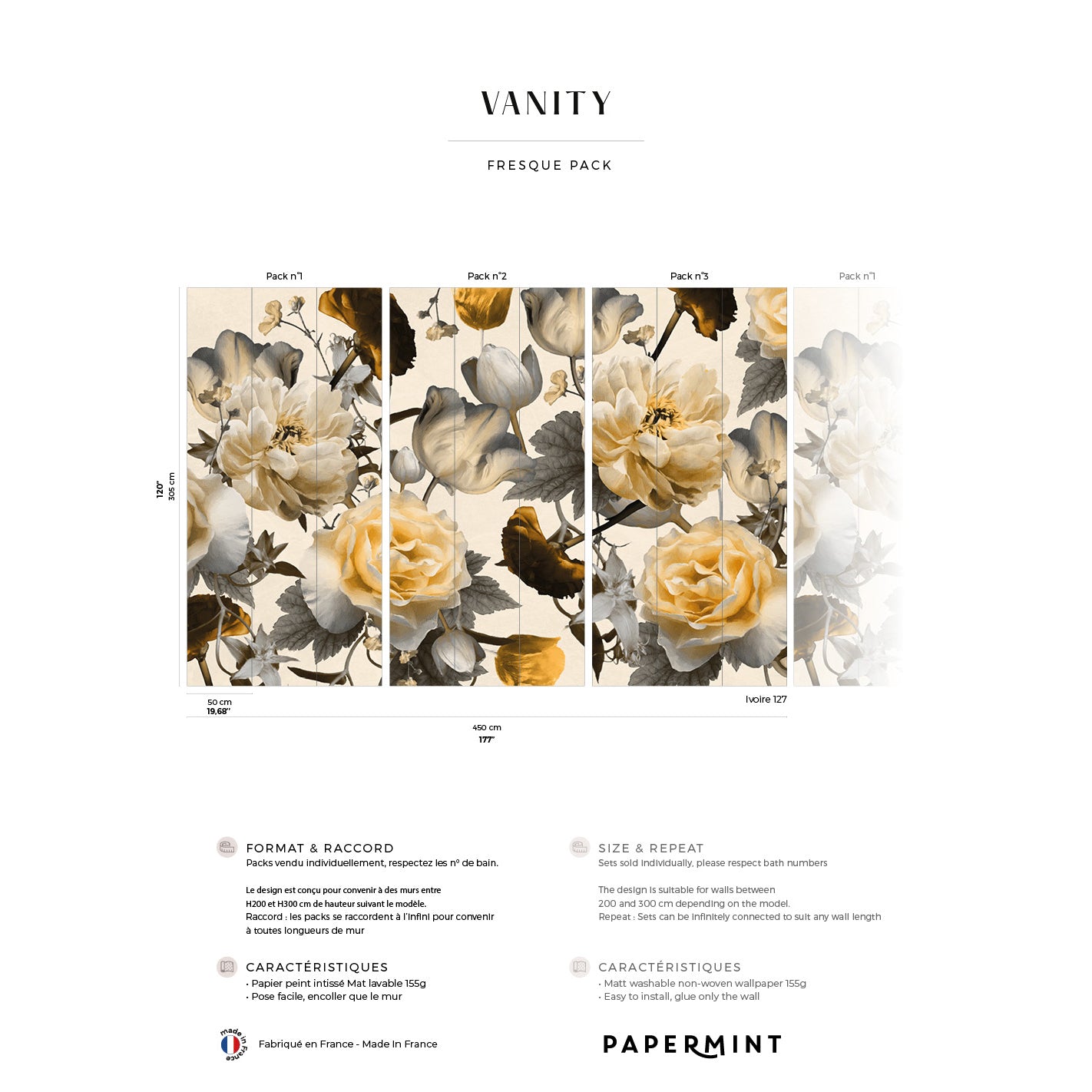 Veer Decor Vanity Pack 1, 2 & 3 in Yellow Wall Mural Botanical & Floral Mural Yellow  Mural - 8184-BDL-DG