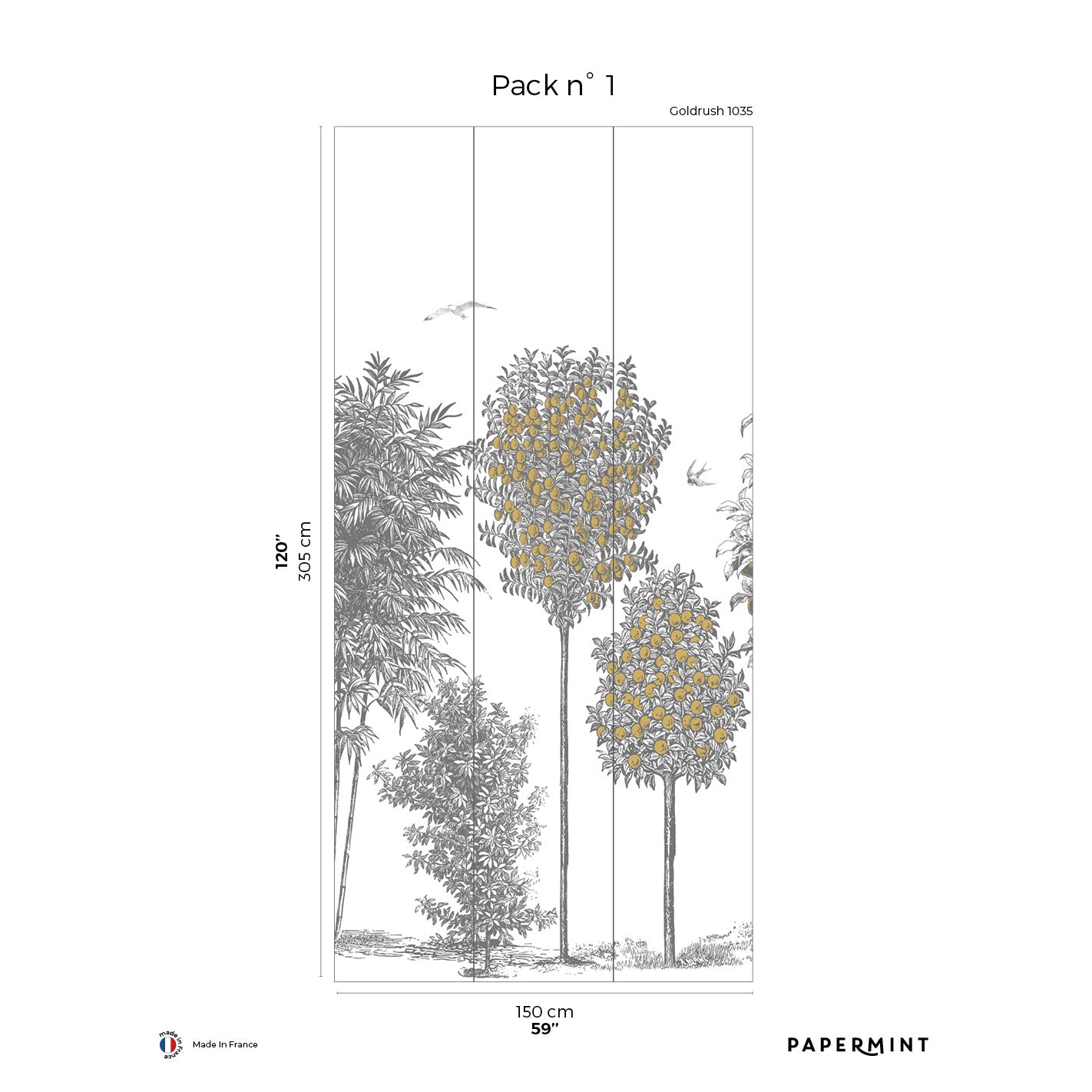 Gold wall mural: tall gray botanical trees with gold accents, birds in flight, light sketch style; Pack n°1