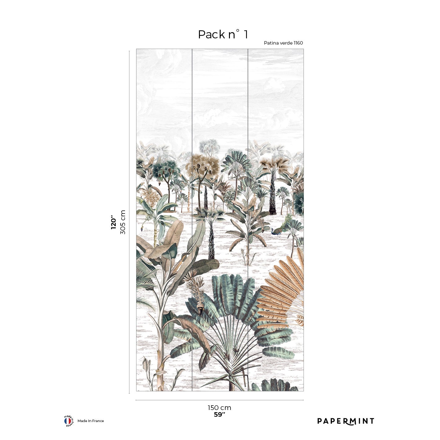 Three-panel tropical botanical mural with large palm leaves in muted greens and browns