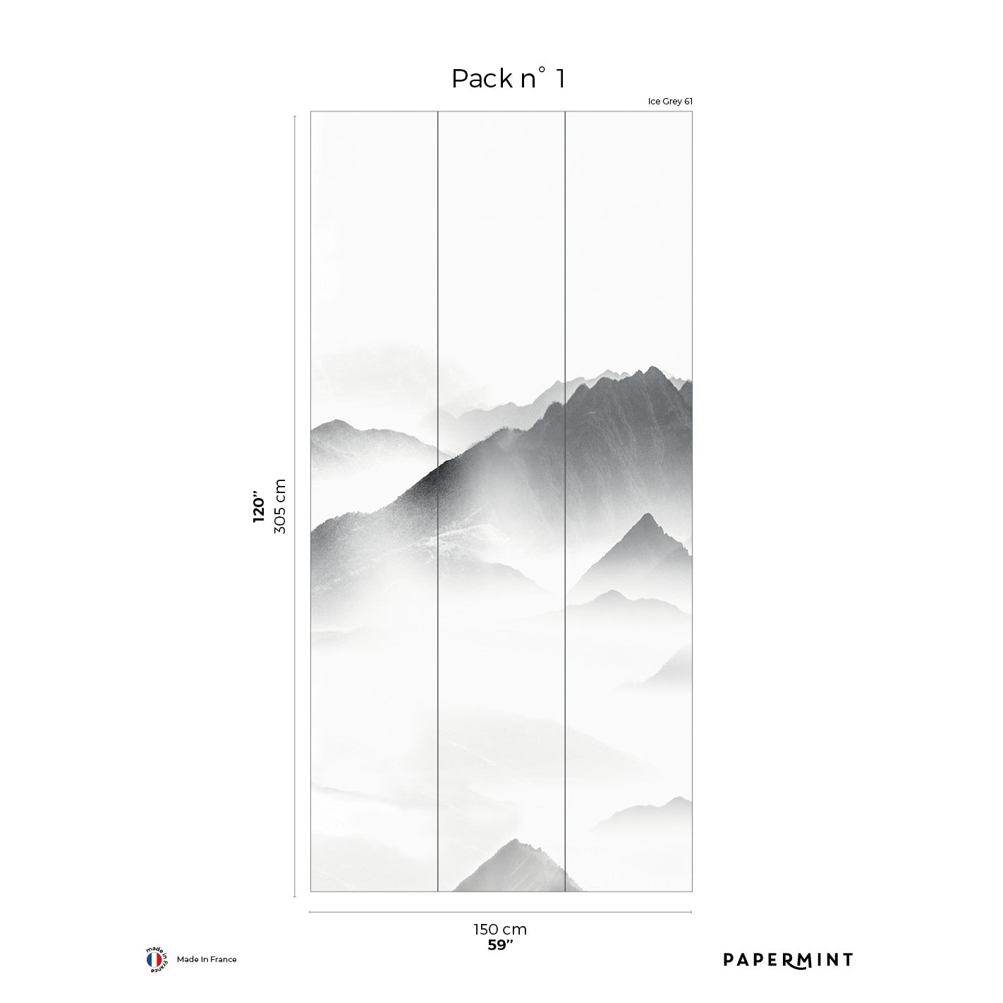 Four-panel grayscale mountain landscape wall mural, vertical panels, minimalist nature wall art, Pack 1