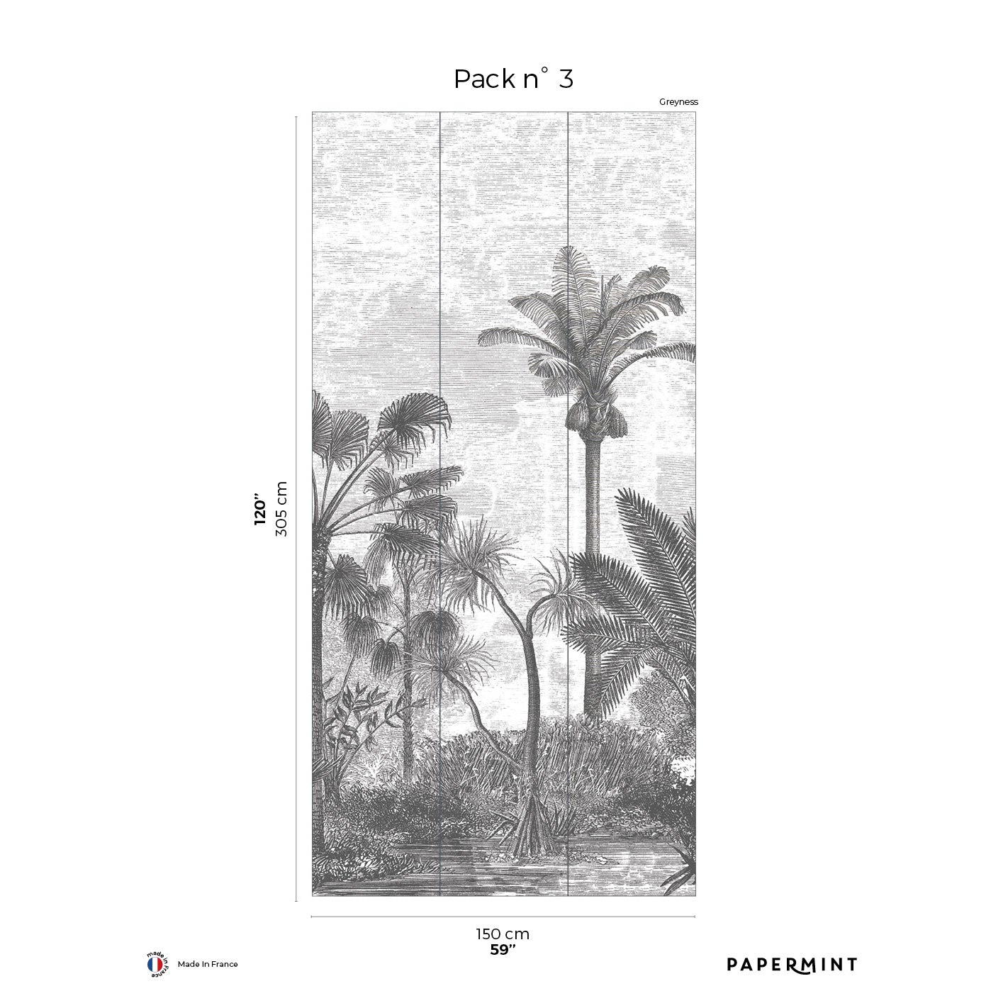 Monochrome gray palm-trees tropical wall mural triptych, Pack 3, 150 cm wide.