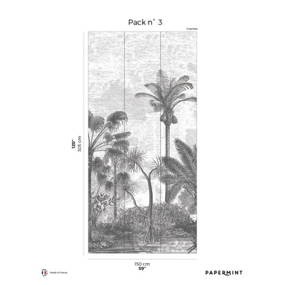 Monochrome gray palm-trees tropical wall mural triptych, Pack 3, 150 cm wide.