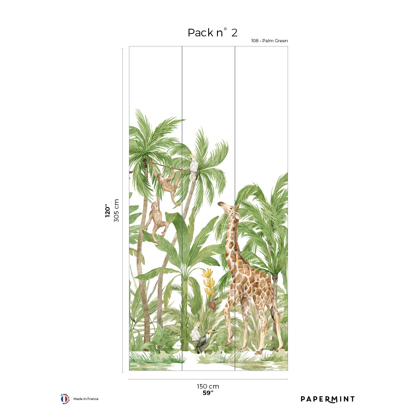 Palm Tree Pack 2 in Brown Wall Mural: palm trees on light panels, greens and browns, 150 cm wide.