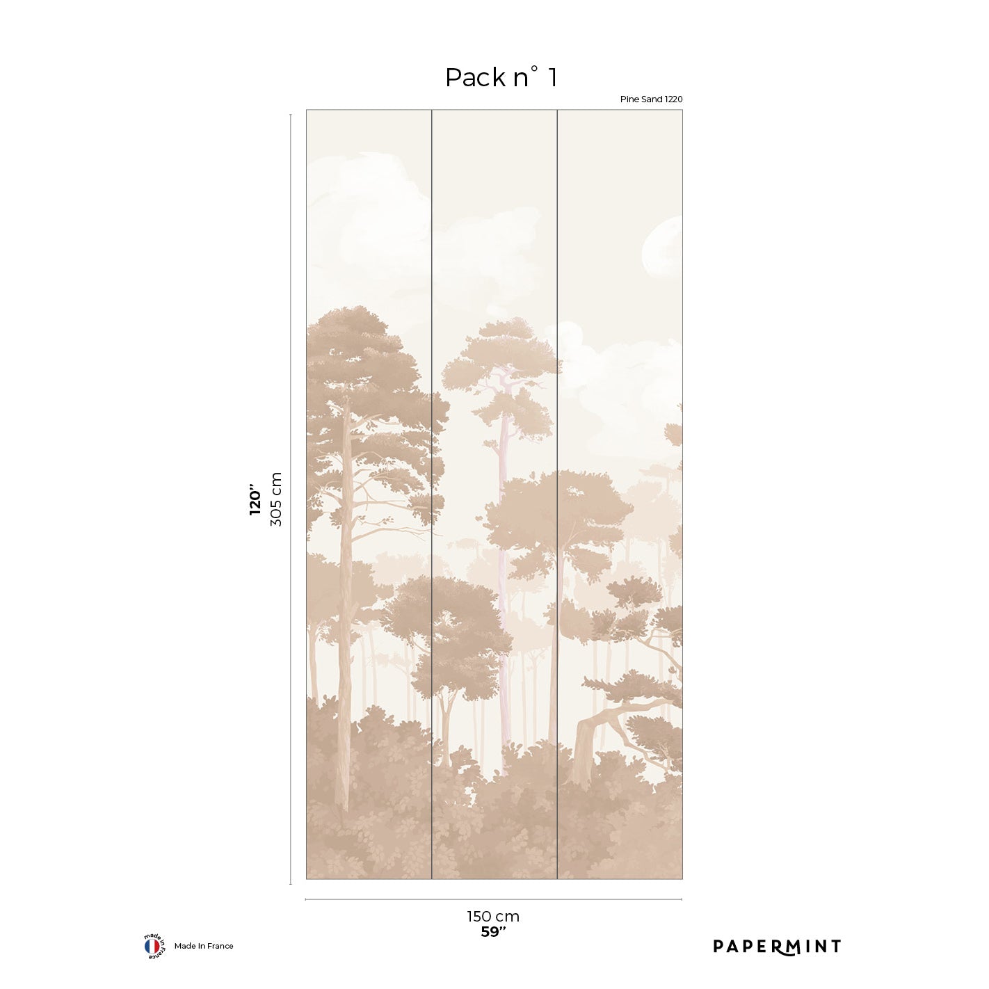 Four vertical beige forest panels with muted brown pine silhouettes; Pack n°1 wall art for living room.