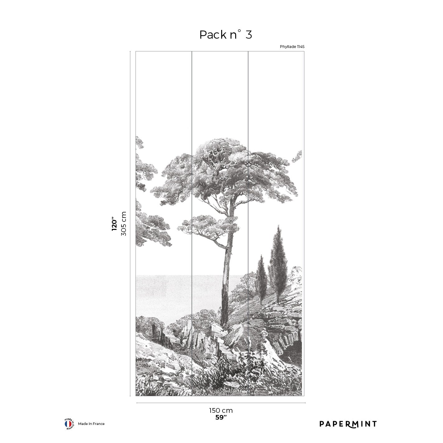Three-panel grayscale landscape wall art with rocks and trees; vertical triptych for modern décor.