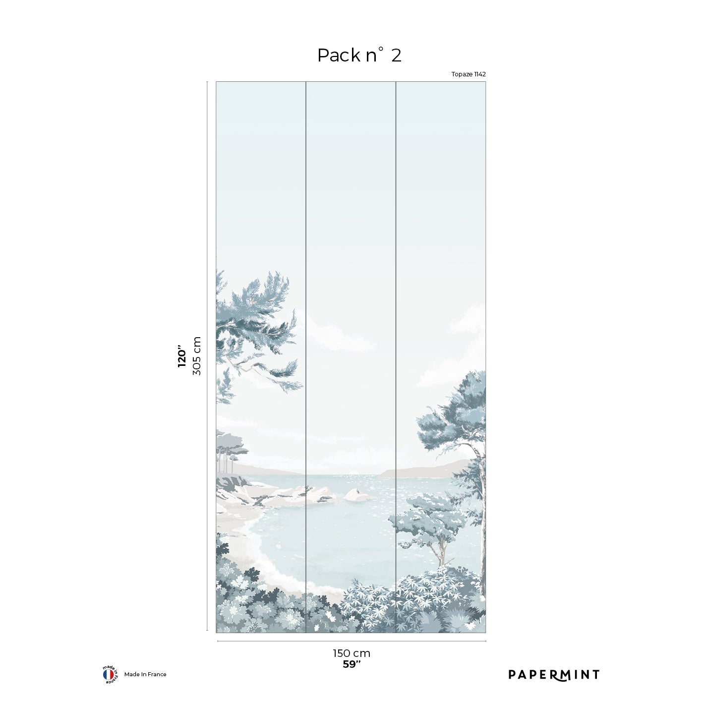 Pack n° 2: four vertical wall mural panels forming a pale blue seascape with pine trees along the shore.
