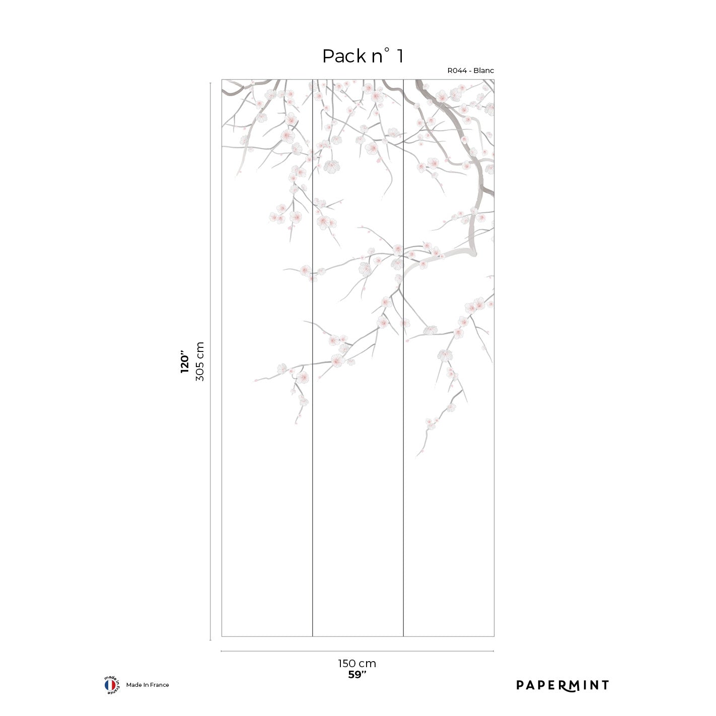 Three-panel white wall mural with soft pink cherry blossom branches; Pack n°1, 150 cm wide.
