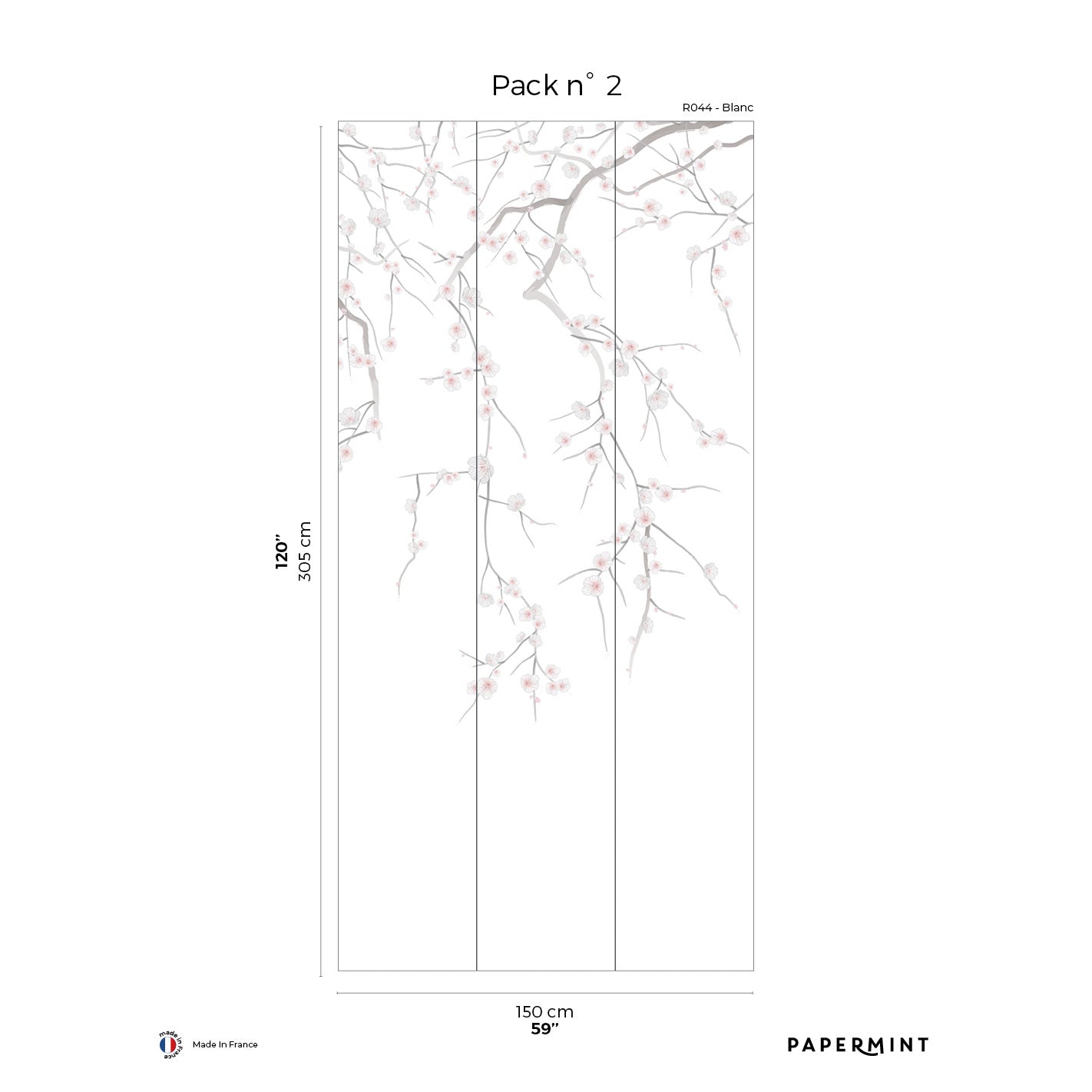 Pack 2: three vertical wall mural panels featuring pale pink cherry blossoms on a white background; 150x305 cm.