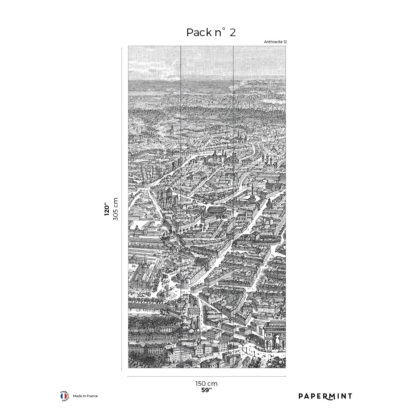 Vertical grayscale Eiffel Tower wall mural, Pack 2, gray travel mural.