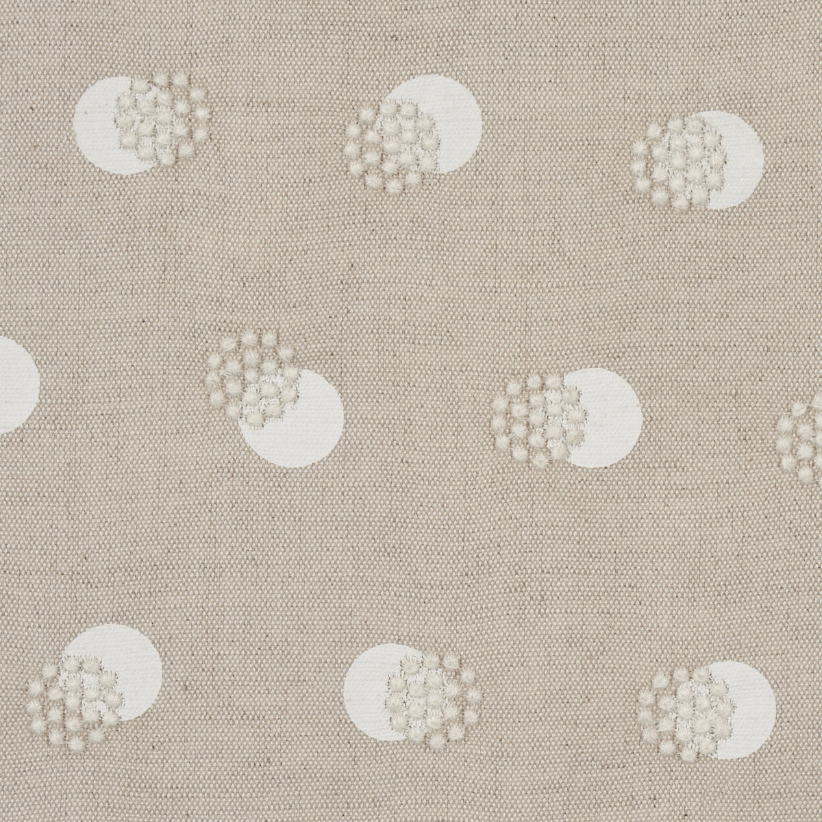 Beige woven fabric with repeating white polka-dots, each dot featuring a raised beaded texture.