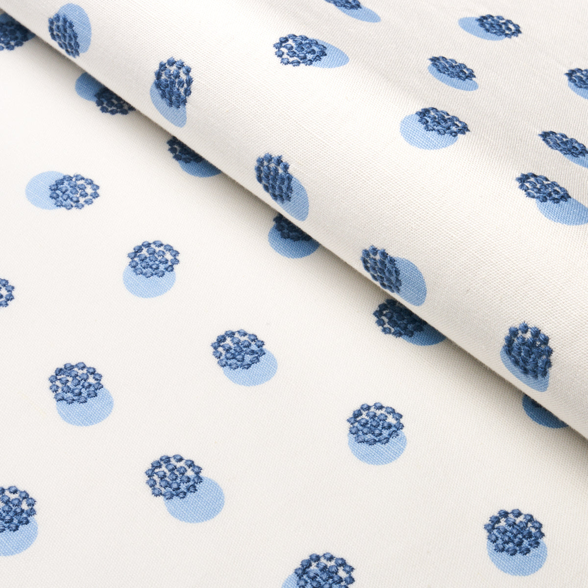 White fabric with light blue circles, each with a darker blue cluster, forming a dotted floral-like pattern