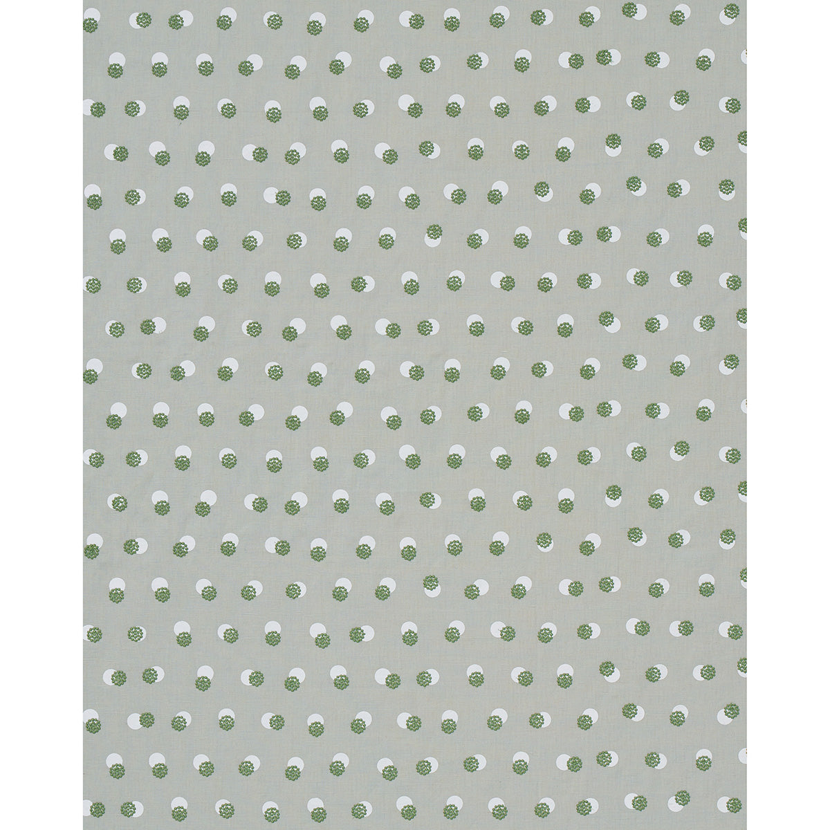 Light gray fabric with tiny green and white circular polka dots; modern, playful pattern for textiles or decor.