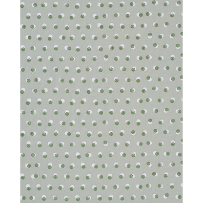 Light gray fabric with tiny green and white circular polka dots; modern, playful pattern for textiles or decor.