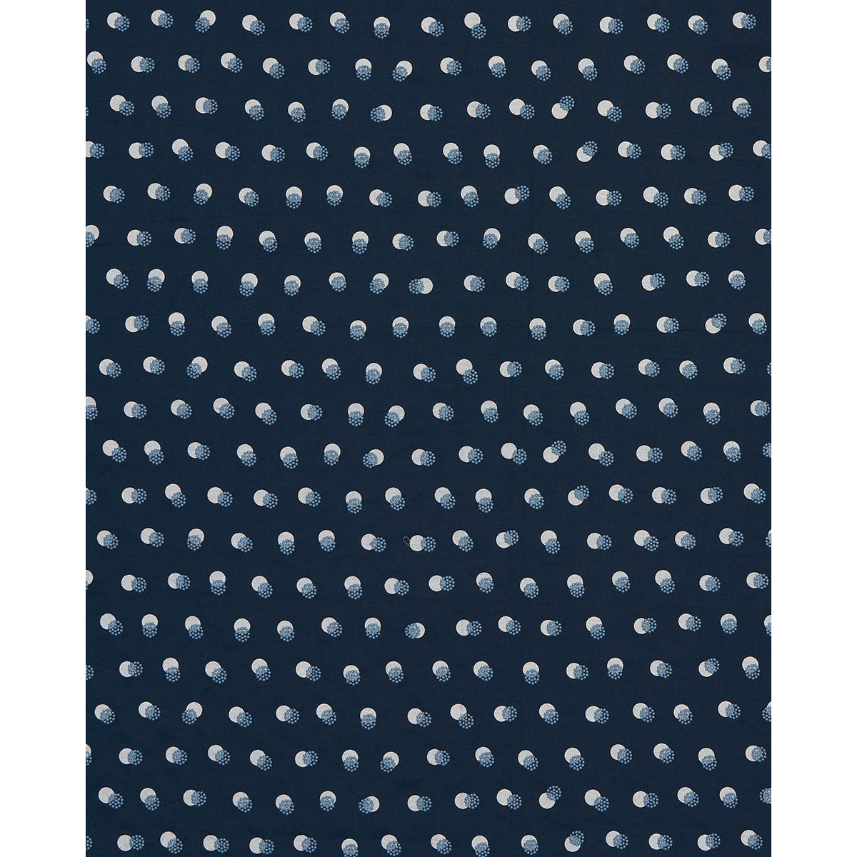 Navy blue fabric with evenly spaced pale blue speckled dots creating a polka dot pattern.