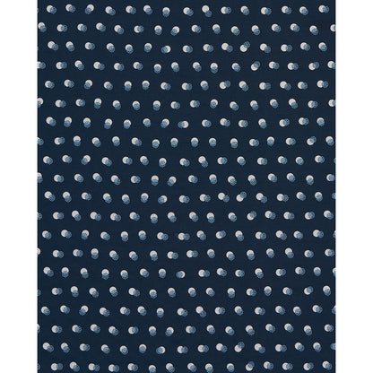 Navy blue fabric with evenly spaced pale blue speckled dots creating a polka dot pattern.