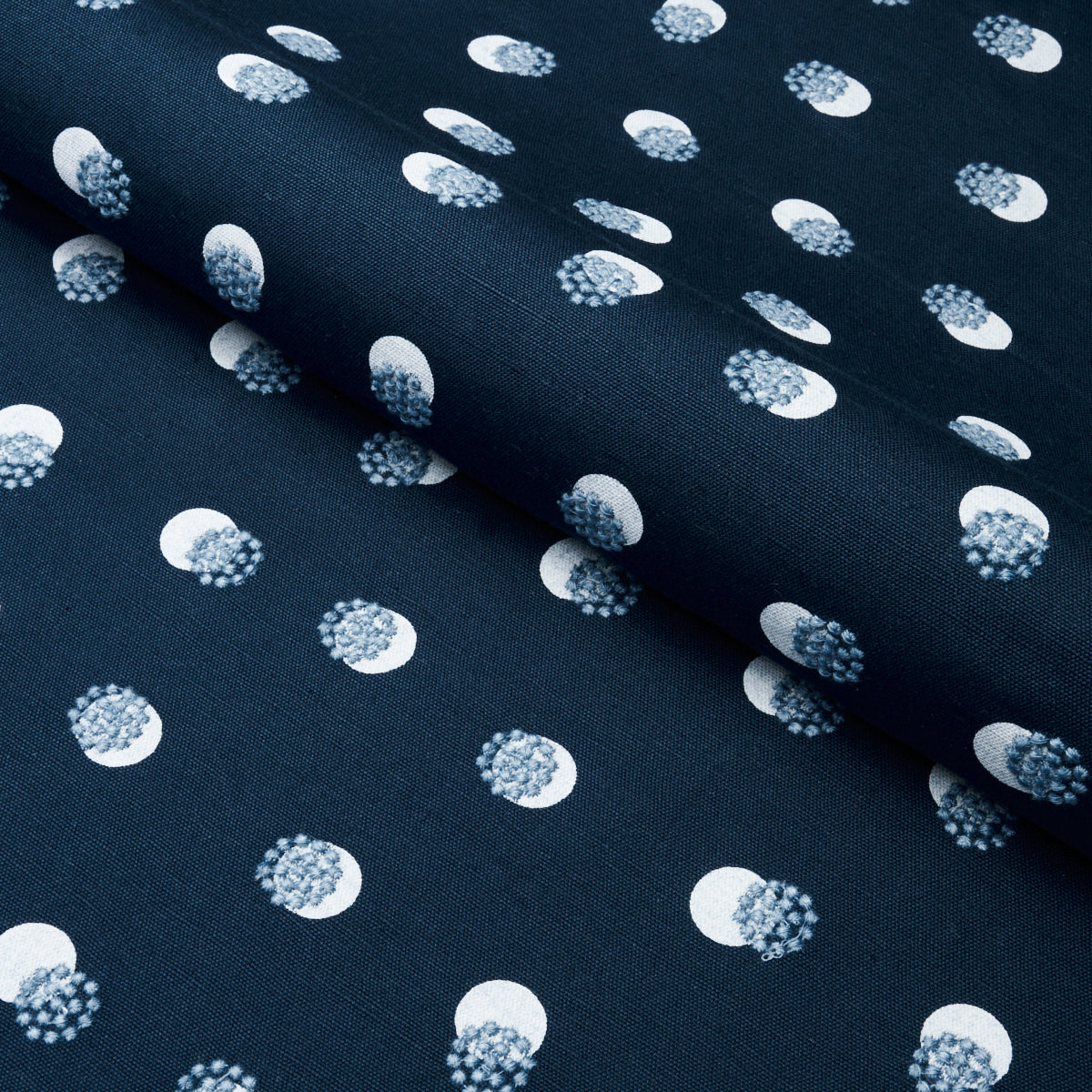 Navy fabric with white-ringed polka dots and blue speckled centers; soft woven textile for garments or crafts.