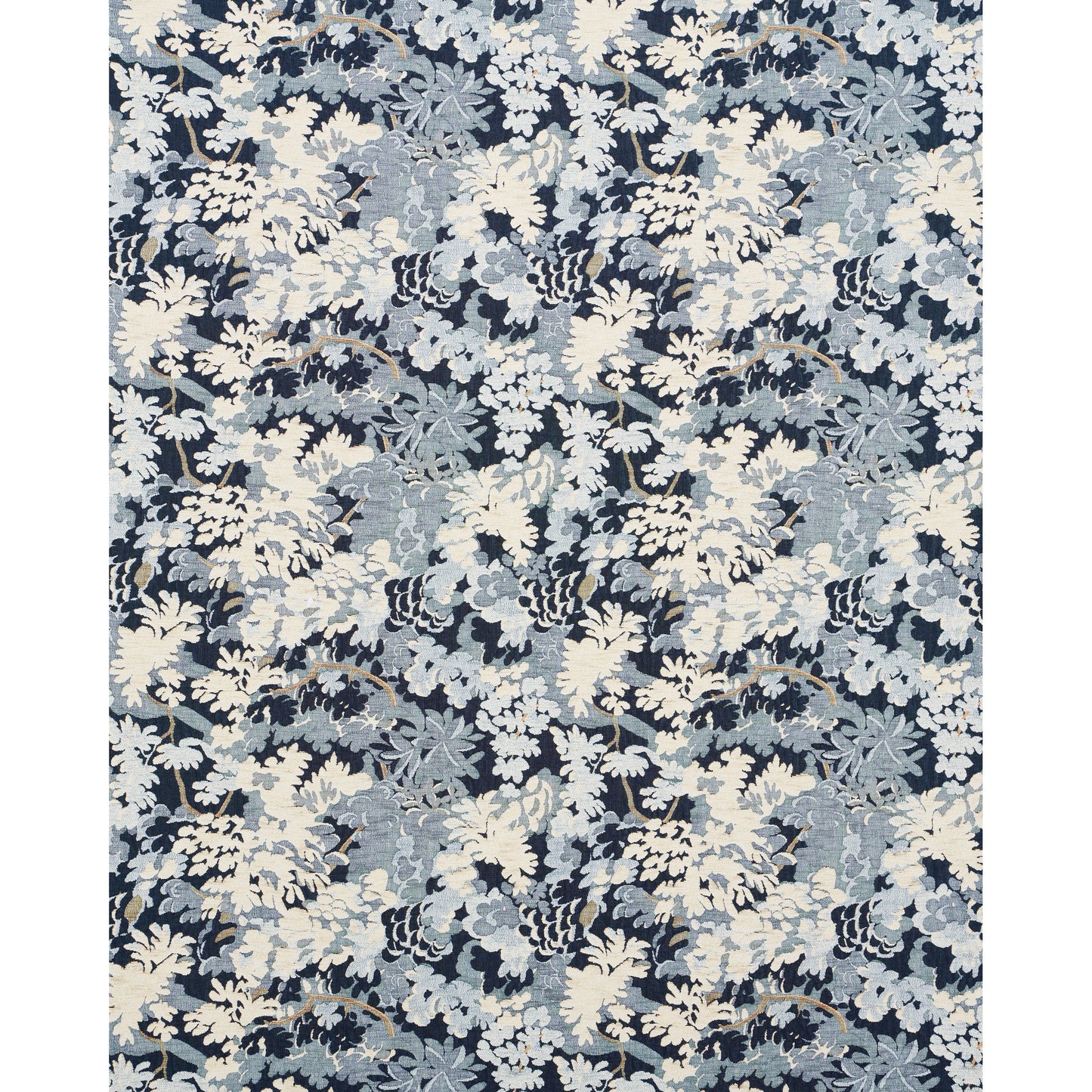 Navy fabric with cream and pale blue leafy floral pattern; tropical botanical print suitable for upholstery or curtains.