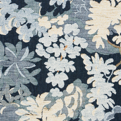 Dark navy fabric with cream and pale blue floral jacquard tapestry pattern.