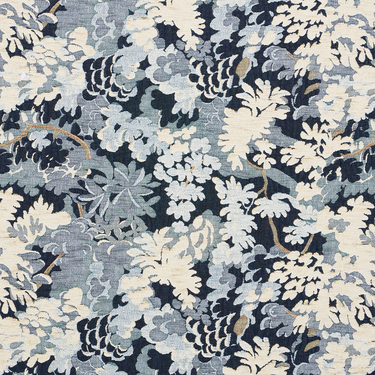 Blue, navy & ivory botanical jacquard fabric with leafy pattern; decorative upholstery textile.