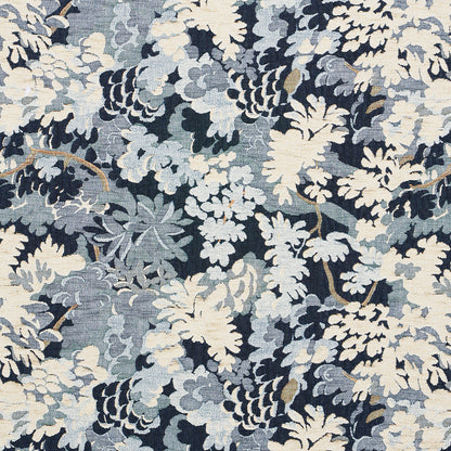 Blue, navy & ivory botanical jacquard fabric with leafy pattern; decorative upholstery textile.
