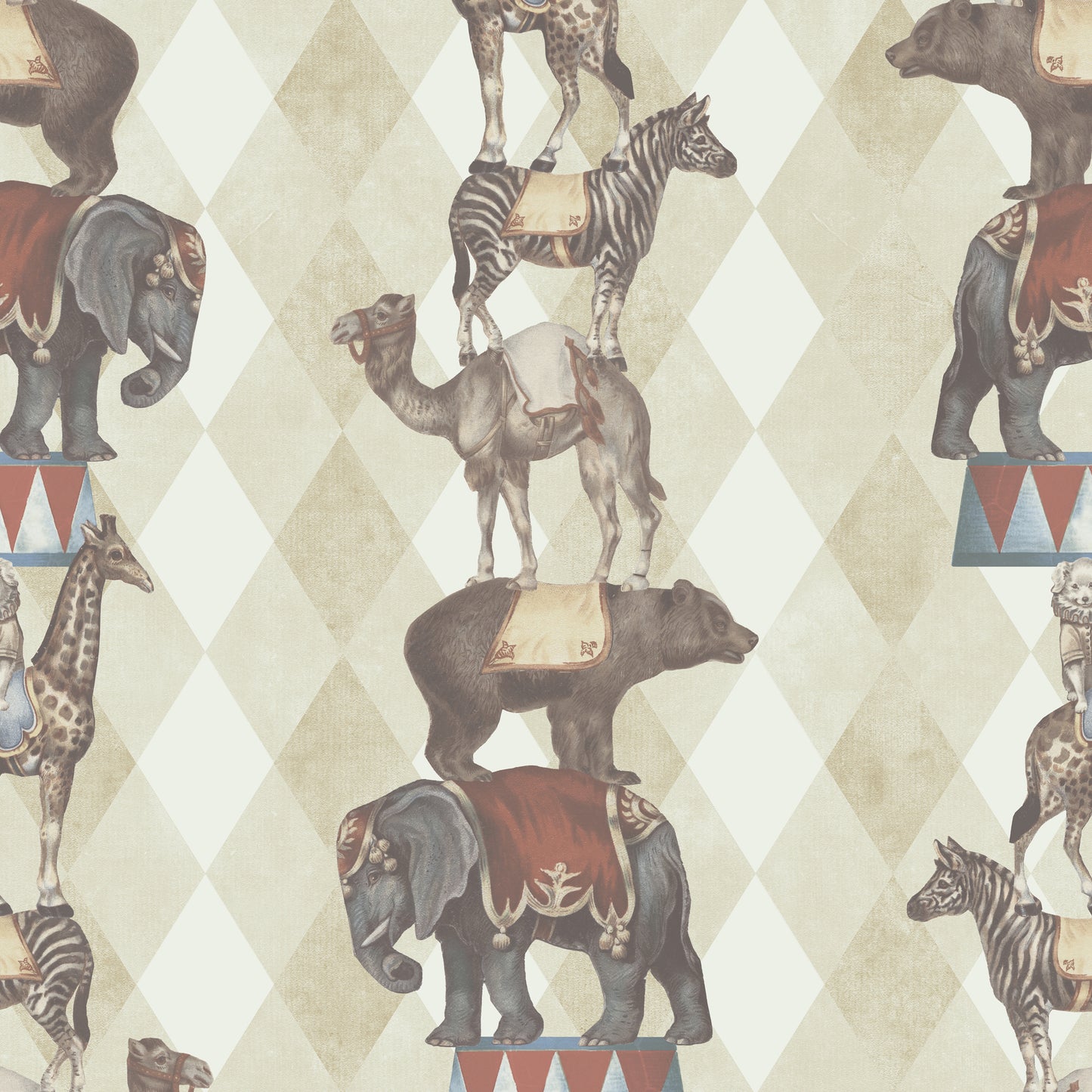 Circus animal pattern wallpaper showing stacked elephants, camels and zebras with red saddles on a beige diamond background.