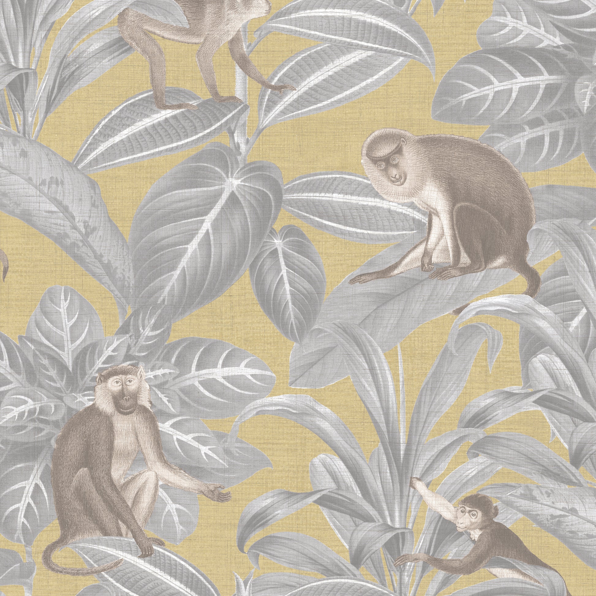 Jungle wallpaper featuring gray tropical leaves and brown monkeys on a mustard-yellow linen backdrop.