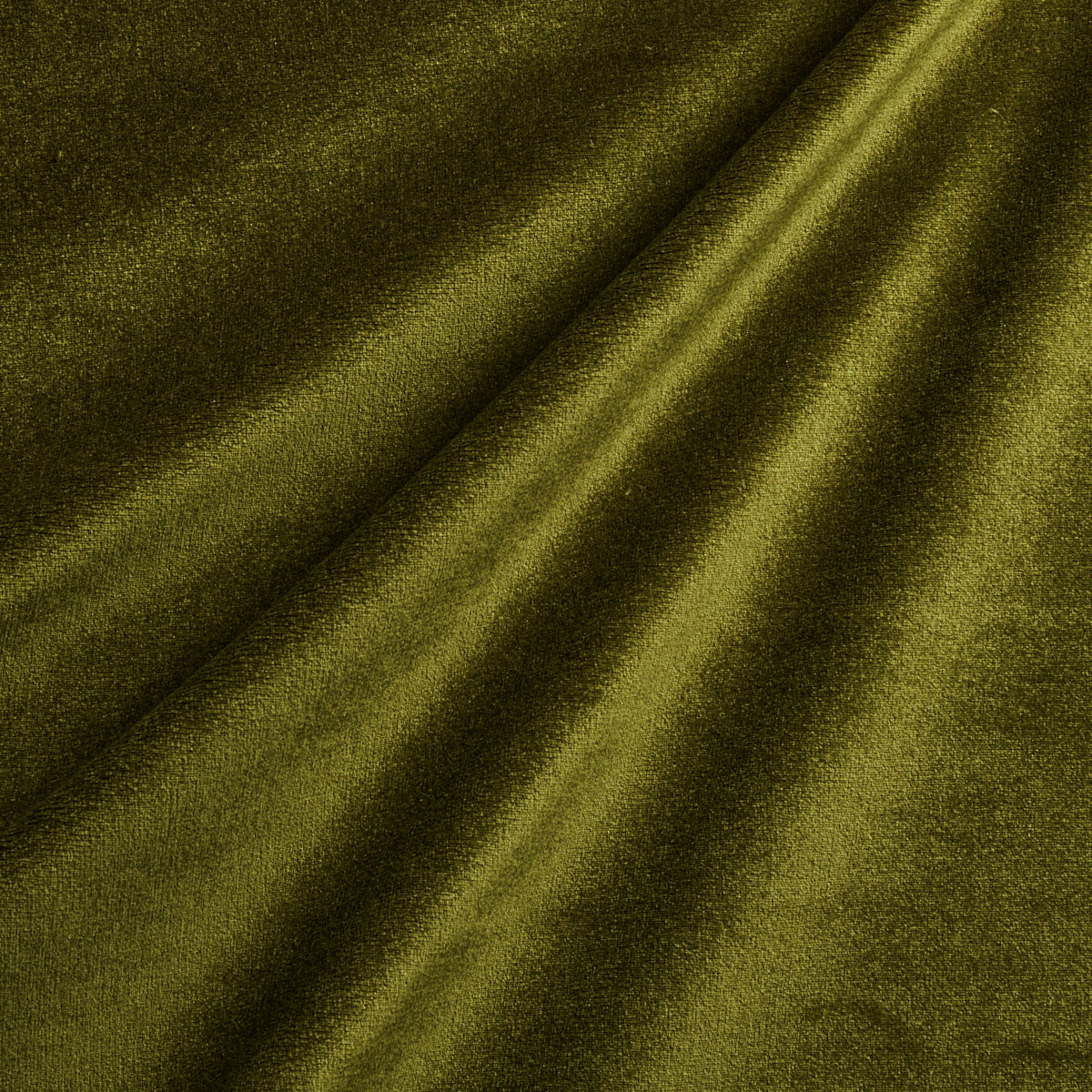 Olive green velvet fabric with diagonal fold, rich sheen and luxurious drape.
