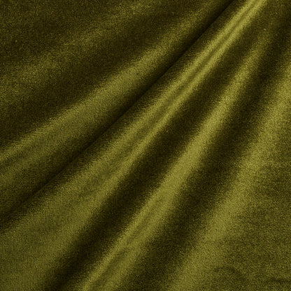 Olive green velvet fabric with diagonal fold, rich sheen and luxurious drape.